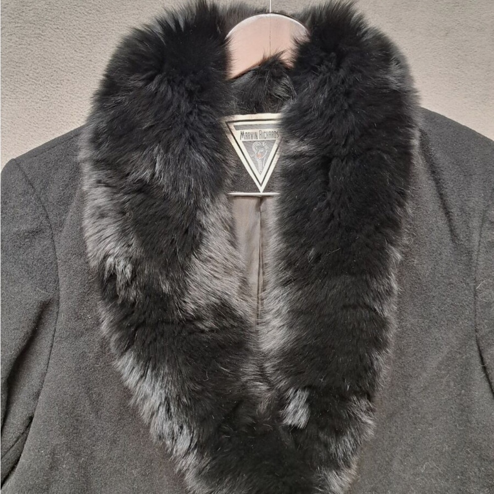 MARVIN RICHARDS Womens Wool Fox Fur Collar Button Up Long Coat Black Size 14